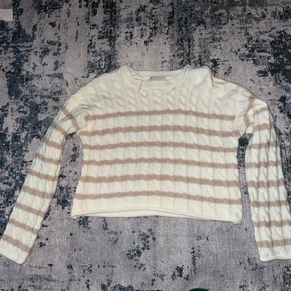 Pink Rose Cropped Cream and Tan Crew Neck Sweater - Picture 1 of 4
